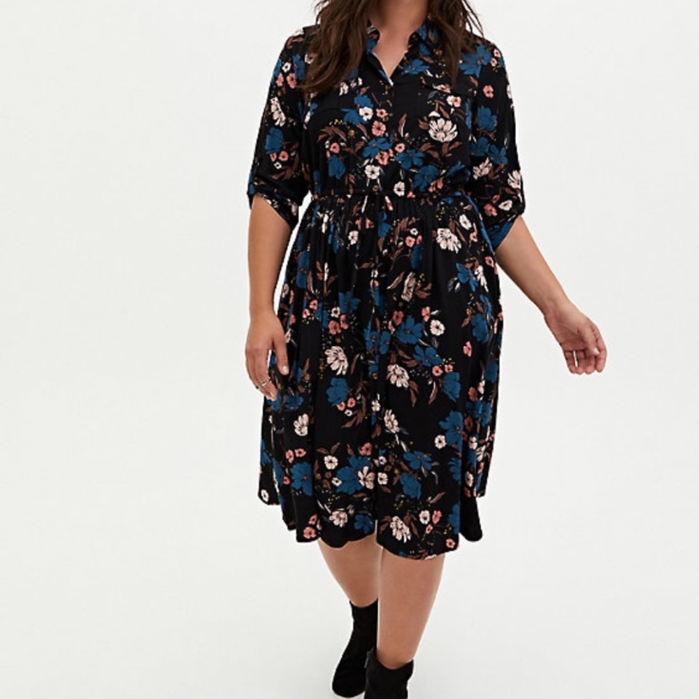 Torrid Floral Button Front Midi Shirt Dress